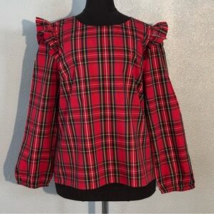 J. Crew Red Black Plaid Ruffled Top Womens Size M